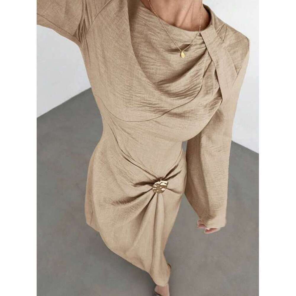 Siren Gaze Twist Front Metal Buckle Flare Long Sleeve Dress,Khak - Picture 6 of 6